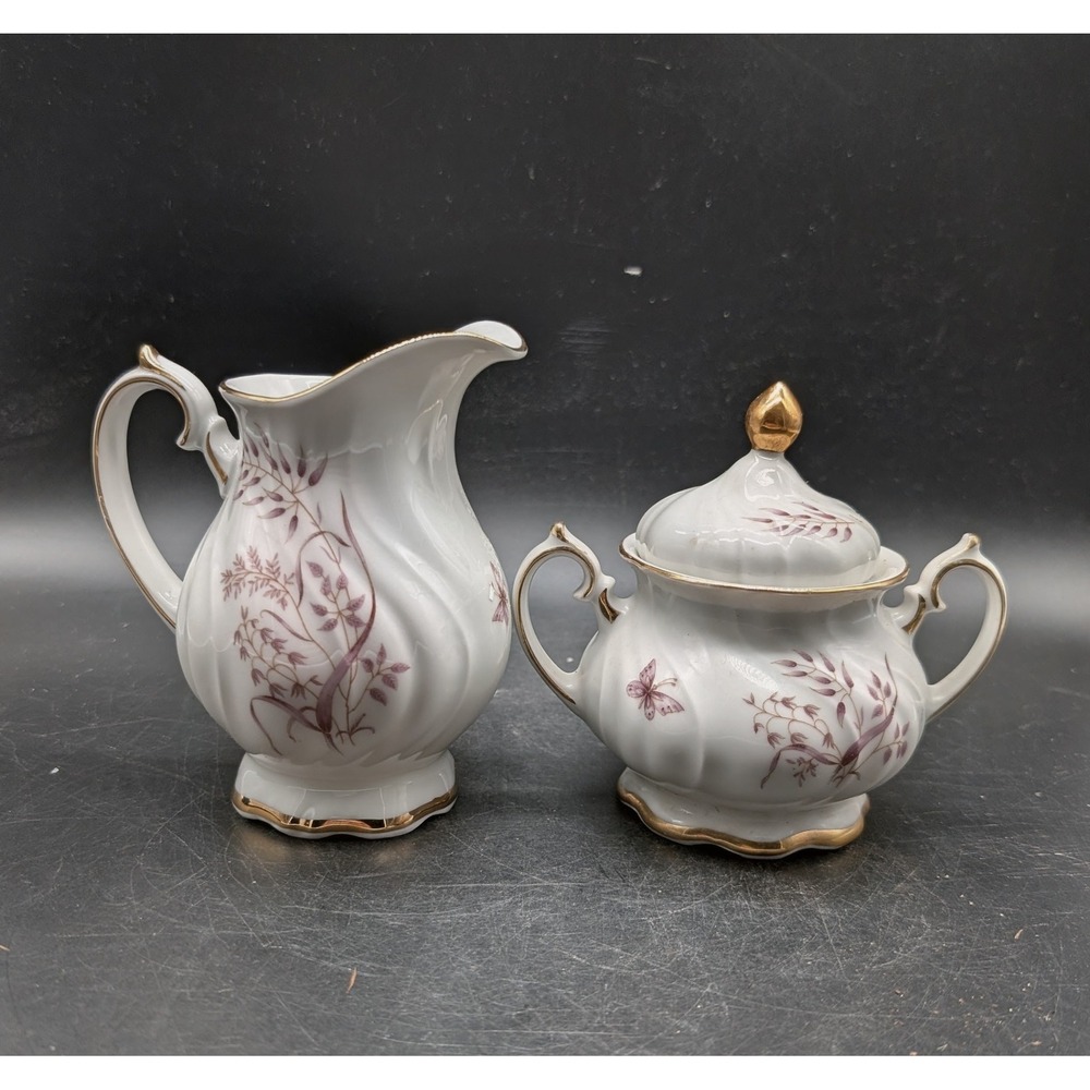 Thomas Germany Porcelain Creamer and Sugar Set Purple Butterfly Gold Gilt 7499